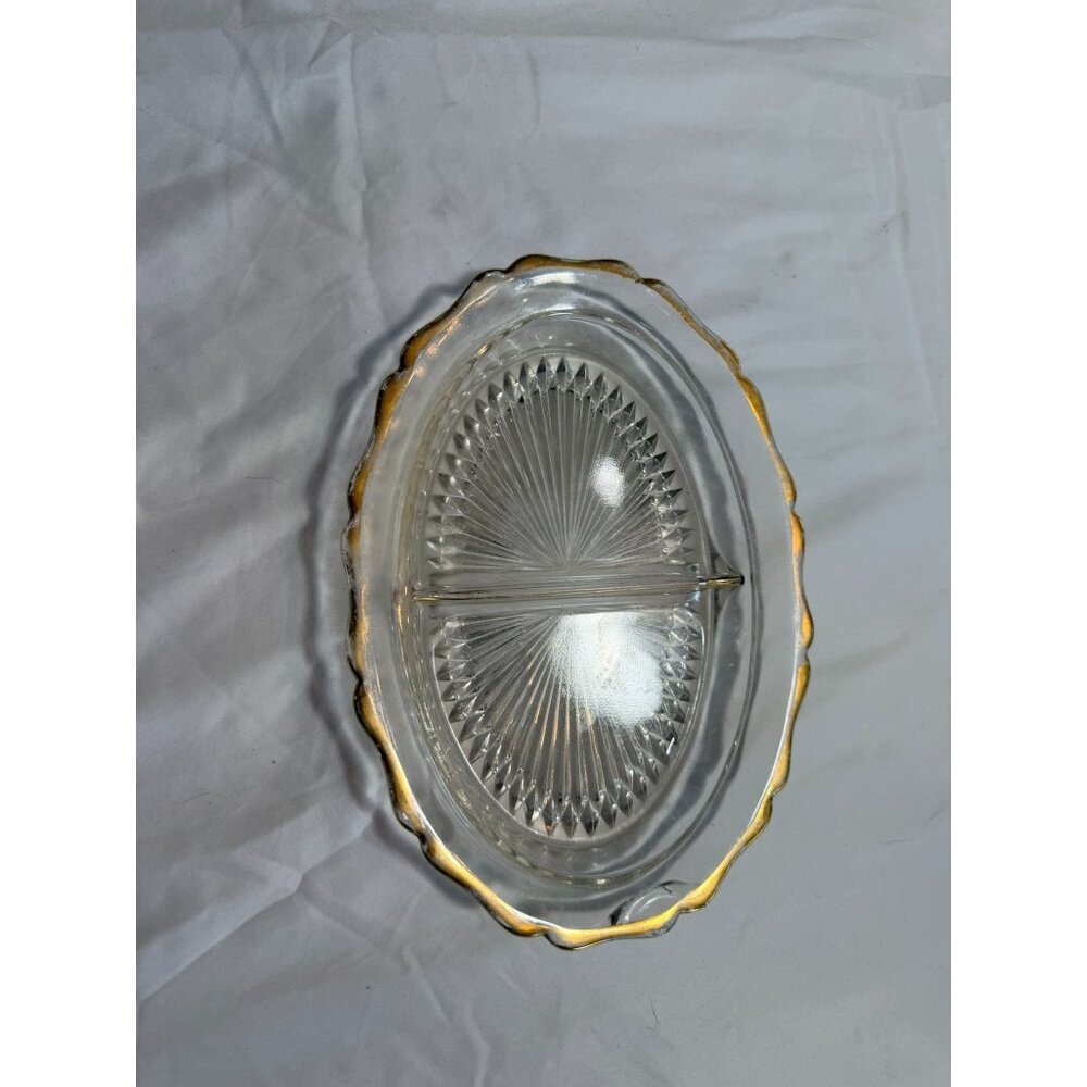 Vintage Clear Glass Divided Oval Dish With Gold Rim Design 10 Inches Long